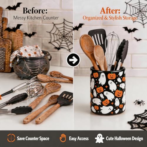 Halloween Ceramic Utensil Holder Ghost Pumpkin Kitchen Crock (Halloween Black Ghost)