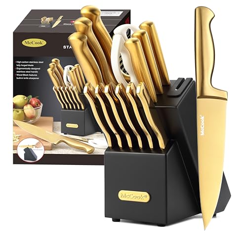 Knife Sets Golden Titanium Stainless Steel Kitchen Knife Block Sets with Built (GoldenBlack / 15 pieces)