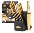 Knife Sets Golden Titanium Stainless Steel Kitchen Knife Block Sets with Built (GoldenBlack / 15 pieces)