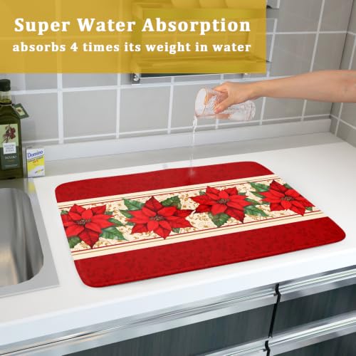Poinsettia Flowers Dish Drying Mat 18"x24" Christmas Red Decorative Dish Drainer Mats Xmas Winter Floral Print Reversible Microfiber Dish Drying Rack Pad for Kitchen Countertop Sink (24" x 18")
