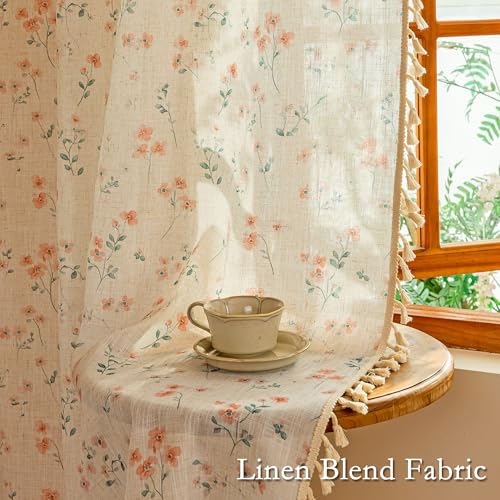 Pink Floral Boho Linen Farmhouse Spring Curtains 84 Inches Long 2 Panels Set Rustic Pattern Semi Sheer Drapes with Tassels Back Tab for Living Room Girls Bedroom Nursery (Pink / 50"W x 84"L (Pack of 2))