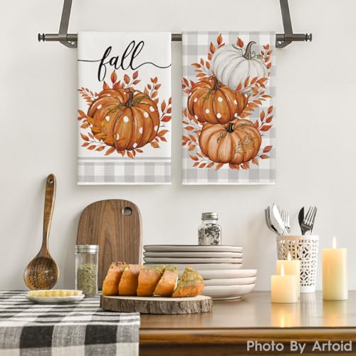 Orange Pumpkin Leaves Fall Kitchen Towels Set of 2 18x26 Inch (Orange/Beige)