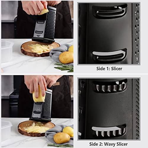 Box Grater Cheese Grater Shredder Stainless Steel with 6 Sides (Black)
