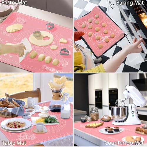 Silicone Pastry Mat 28" x 20" Extra Thick Non Stick Baking Mat with Measurements and Edge Heightening (Pink / 28"L x 20"W)