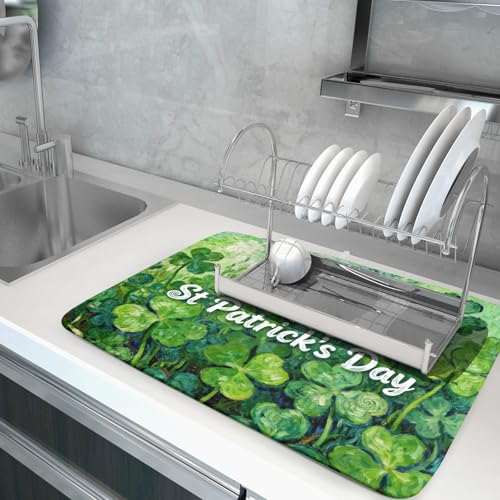 St Patricks Day Lucky Clover Dish Drying Mat for Kitchen Counter 18x24 Green Shamrock Happy Holiday Theme Absorbent Reversible Microfiber Drying Mats Kitchen Countertop Protector Dishes Drainer Pad (18" x 24")