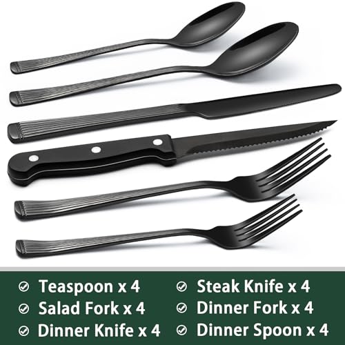 24 Piece Black Silverware Set with Steak Knives (Roman Column)