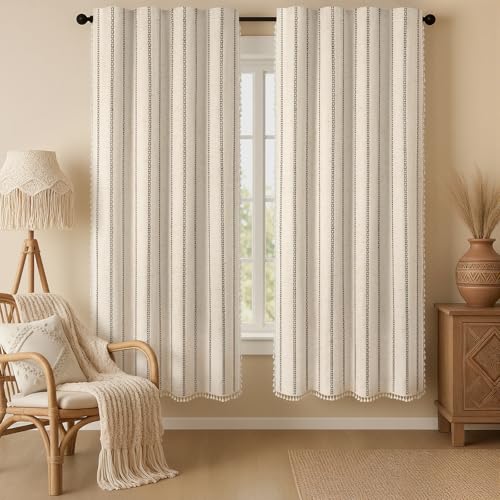 Beige 100% Boho Blackout Curtains 72 Inch 2 Panels with Tassels (Black / 52"W x 72"L (Pack of 2))