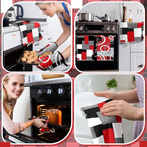 6 Pcs Kitchen Decor Set Accessorie Farmhouse Kitchen Towels Pot Holders Oven Mitts Set 2 Dish Towels 2 Pot Holders 2 Cooking Mittens Oven Glove for Cooking (Red and Black / Geometric)