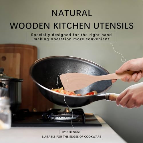 Wooden Spatulas for Cooking (Uncoated Beech Pale Yellow / Thin 12.8" Angled Edge)