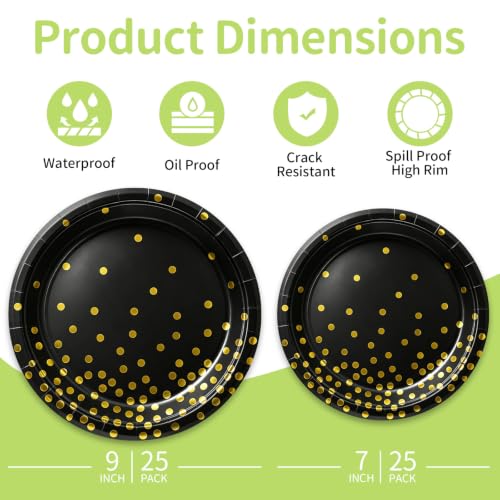 Black and Gold Paper Plates (Black Gold Dot / 50 Count (25-9" & 25-7"))