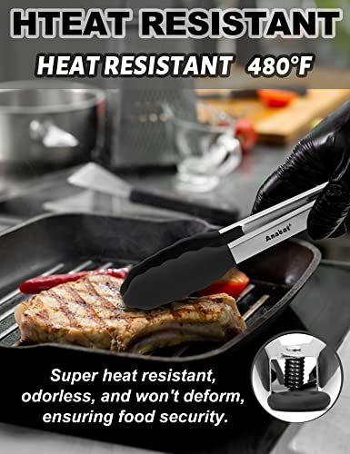 Non Stick Silicone Locking Tong Set of 3 (7+9+12 Inch / 3 Pcs Silicone - Black)