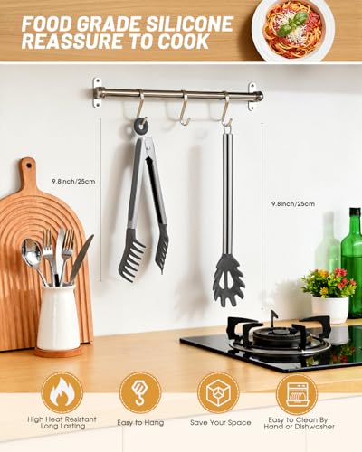 Spaghetti Spoon and Pasta Tong with Teeth and Drain Holes (Gray)