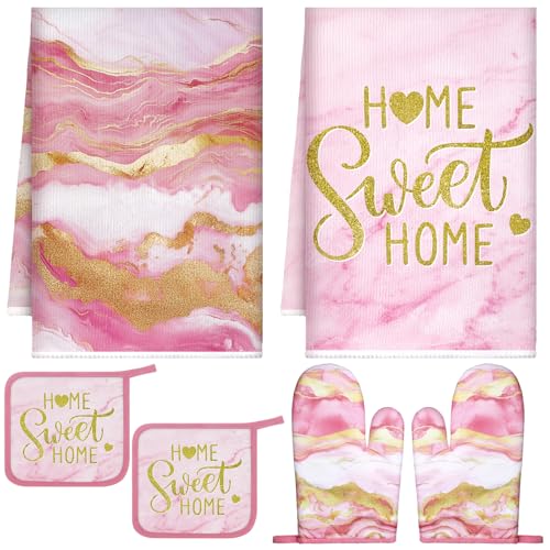 6 Pcs Pink Kitchen Decor Marble Kitchen Towels Set Pot Holders and Oven Mitts Pink Marble Linens Set for Baking Cooking Grilling Cleaning Supply Accessories (Pink)