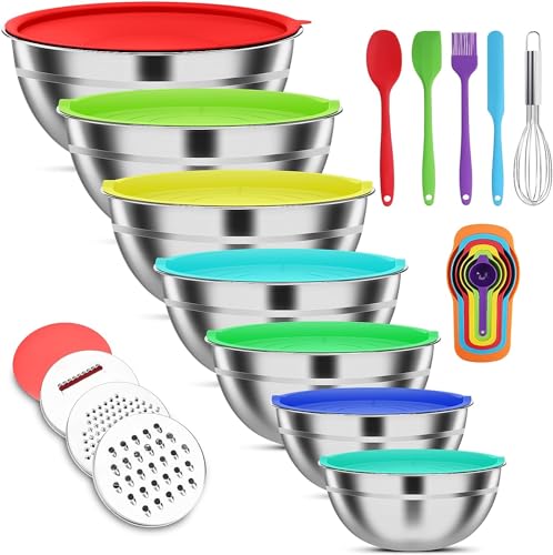 Stainless Steel Mixing Bowls Set with Lids & 3 Grater Attachments (Multicolor)