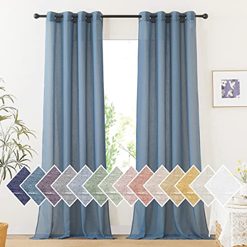 Flax Linen Sheer Curtains for Living Room (52"W x 96"L (Pack of 2) / Stone Blue)