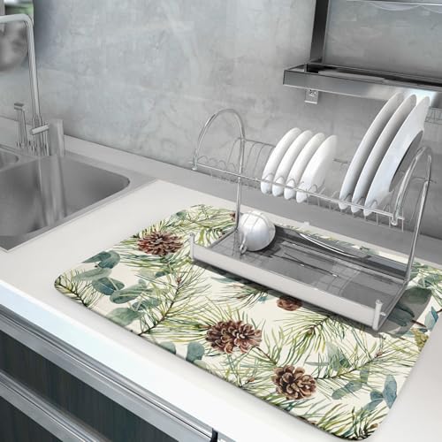 Winter Christmas Dish Drying Mat for Kitchen Counter 18x24 Evergreen Leaves Pinecone Holiday Theme Absorbent Reversible Microfiber Drying Mats Kitchen Countertop Protector Dishes Drainer Pad (18" x 24")