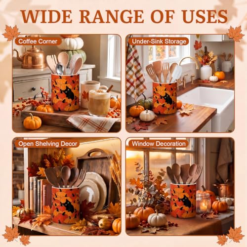Fall Utensil Holder Black Cat Pumpkin for Fall Kitchen (Orange Pumpkin Cat)