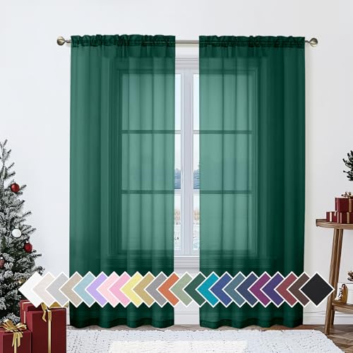 Hunter Green Sheer Curtain Drapes 72 Inch Length 2 Panels for Living Room (42"W x 72"L (Pack of 2) / Hunter Green)