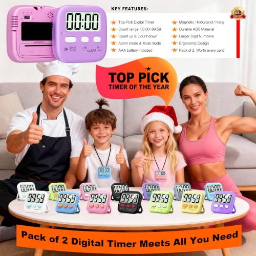 2 Pack Digital Timer for Kids Classroom Kitchen Timers for Cooking (2 * Pink + Purple)
