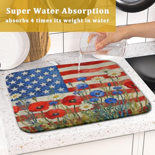 Patriotic American Flag Dish Drying Mat for Kitchen Counter 16x18 4th of July Red Blue White Floral Rustic Absorbent Reversible Microfiber Drying Mats Kitchen Countertop Protector Dishes Drainer Pad (16" x 18")