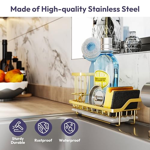 Sink Caddy Kitchen Sink Organizer with Detachable Brush Holder (Gold / Medium)