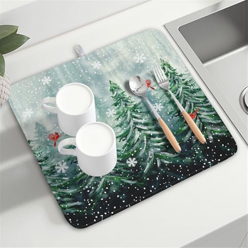 Welcome Winter Pines Tree Dish Drying Mat (Winter Pines Tree / 16" x 18")