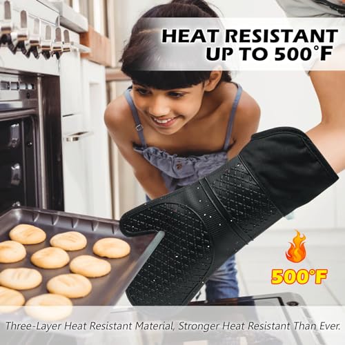 Extra Long Silicone Oven Mitts (Black / 15''-2pcs)