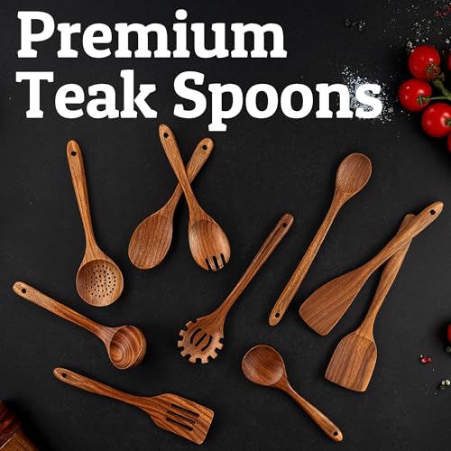 PriorityChef Wooden Spoons for Cooking (10Pc Set + Rest)