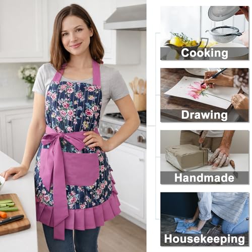Kitchen Aprons for Women with 2 Pockets (Navy Floral-adult)