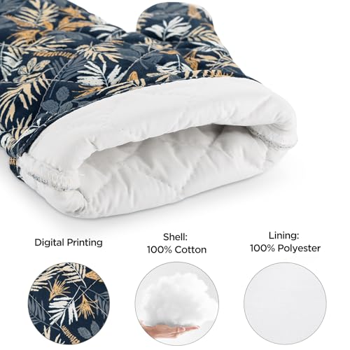 Oven Mitt Extra Long Cotton Cooking Kitchen Mitts with Non (Blue Leaves - Oven Gloves)