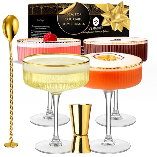 Ribbed Espresso Martini Glasses Set of 4 with Gold Rims (Set of 4- 10oz)