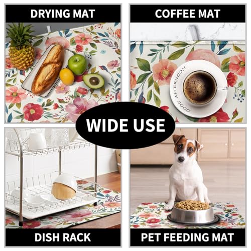 Floral Dish Drying Mat for Kitchen Counter Absorbent Microfiber Dishes Drying Pad Cute Flowers Dish Drainer Rack Mats Washable Coffee Sink Mat Extra Large 18"x24" Dish Mat (Floral Pink Red / 18" x 24")