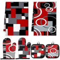 6 Pcs Kitchen Decor Set Accessorie Farmhouse Kitchen Towels Pot Holders Oven Mitts Set 2 Dish Towels 2 Pot Holders 2 Cooking Mittens Oven Glove for Cooking (Red and Black / Geometric)