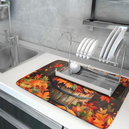 Fall Pumpkin Dish Drying Mat for Kitchen Counter Autumn Pumpkin Dish Mats for Drying 16x18 Inch Kitchen Decor Reversible Absorbent Microfiber Fall Thanksgiving Dishes Pad for Coffee Bar Accessories (Autumn Maple Leaves style / 16" x 18")