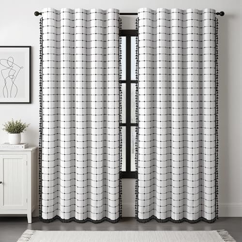 Boho Blackout Black Plaid Curtains 84 Inch Linen Blend 2 Panels (Black Plaid / 52"W x 84"L (Pack of 2))