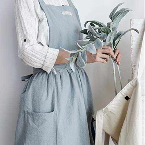 Cotton and linen Kitchen Cooking Aprons Dress for Women with Pockets Cute for Baking Painting Gardening Cleaning (Light Blue)