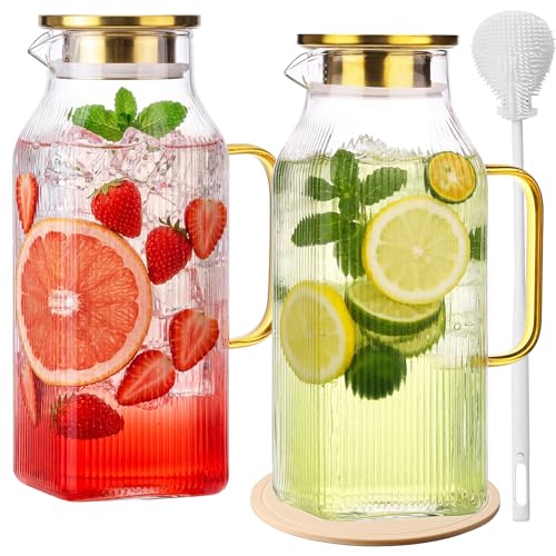2 Pack 68oz 2 Liter Square Glass Pitchers with Handle and Lid (Square Stripes-1)