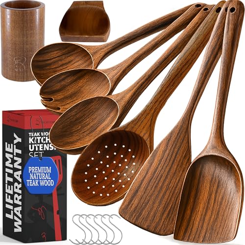 PriorityChef Wooden Spoons for Cooking (6Pc Set + Holder + Rest)