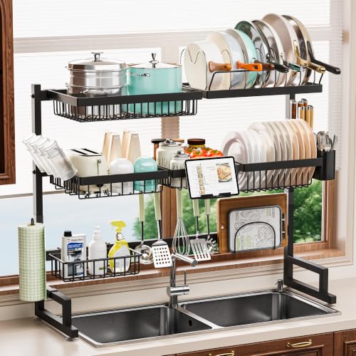 Over Sink Dish Drying Rack (Black / 32-40L x 12W x 34-38H (inches))