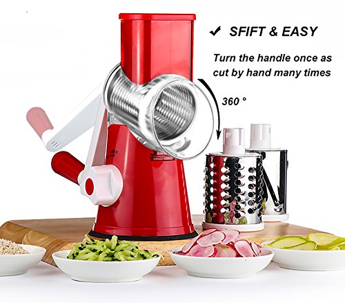 Cambom Rotary Cheese Grater Hand Crank Cheese Shredder for Fresh Cheese (3 BLADES / Red)
