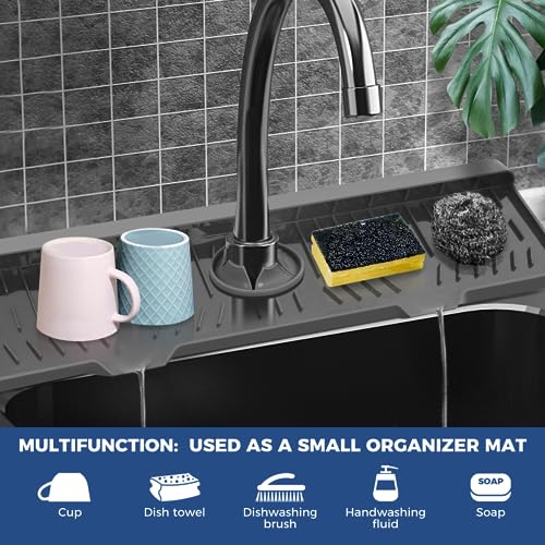 24" Splash Guard Plus Size Silicone Sink Faucet Drying Mat Handle Drip Catcher Tray Dish Sponge Holder Kitchen Accessories Protector Home Organization Gadgets Organizer (Grey(1Pack): 23.4"x5.7")