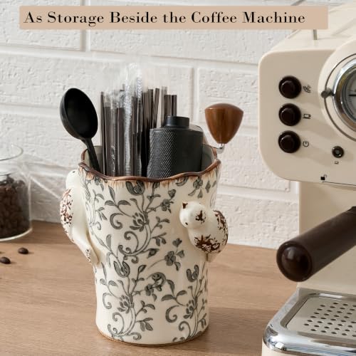 6.34'H Utensil Holder for Kitchen Counter (Gray Flower Patterns- 2 Birds)