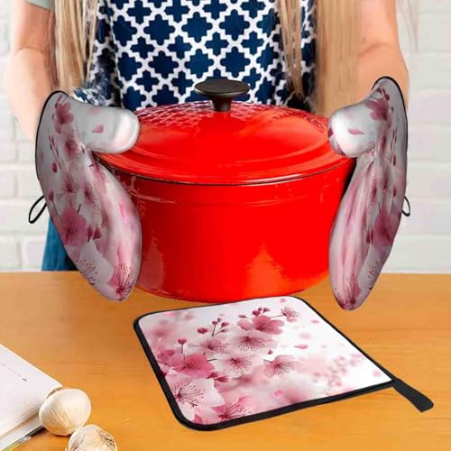 Oven Mitts and Pot Holders Set of 3 (Pink Cherry Blossoms)