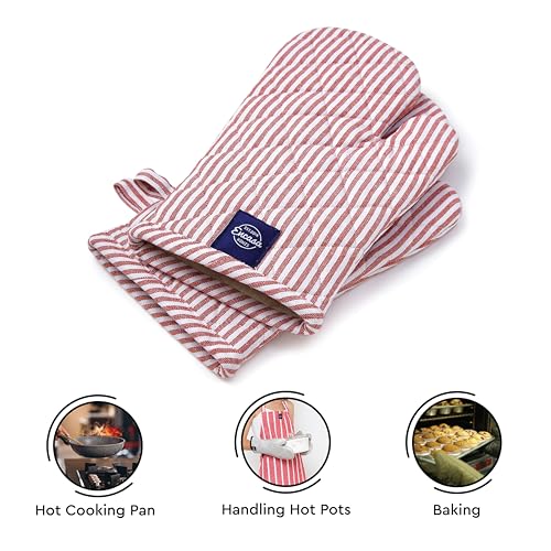 Oven Mitts Heat Resistant Kitchen Gloves (Oven Gloves / Ticking Red)
