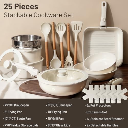 Nonstick Pots and Pans Set (Cream / 25 Pack)