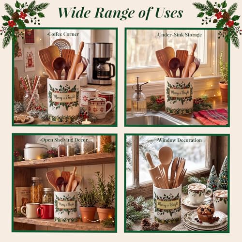 Christmas Pine Branches Ceramic Utensil Holder (Holly Pine Berries)