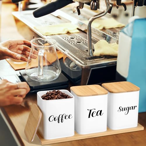Coffee Tea Sugar Container with Tray Set of 3 Airtight Metal Canister with Bamboo Lid Tray for Kitchen Counter Dining Room Farm House Kitchen Style Drink Station Organizer Set (White)