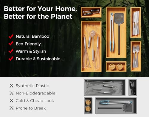 Bamboo Kitchen Drawer Organizer Set of 2 (Bamboo / 15" x 6" x 2")