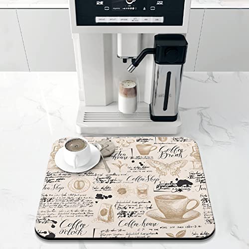 Coffee Bar Mat Accessories for Countertop Absorbent Hide Stain Rubber Backed Dish Drying Mats for Kitchen Counter Draining Pad Decor Gift (Coffee / 16" x 18")