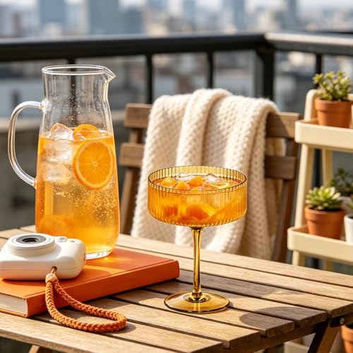 6 PCS Ribbed Coupe Glasses Amber Plastic Champagne Coupe Cup 10.5oz Espresso Martini Glass Shatterproof Acrylic Vintage Margarita Glassware Cocktail Glass for Thanksgiving Wedding (Amber / 6 PCS)
